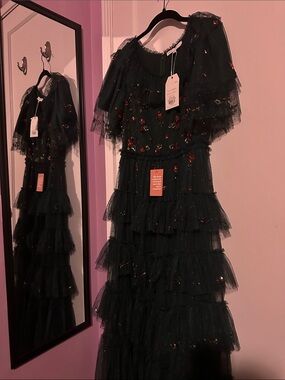 Ivy City Co Black Tiered Tulle Maxi Dress with Red Sequin Accents